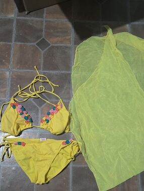 Xhilaration Bright Yellow Bikini Set with Crochet Accent